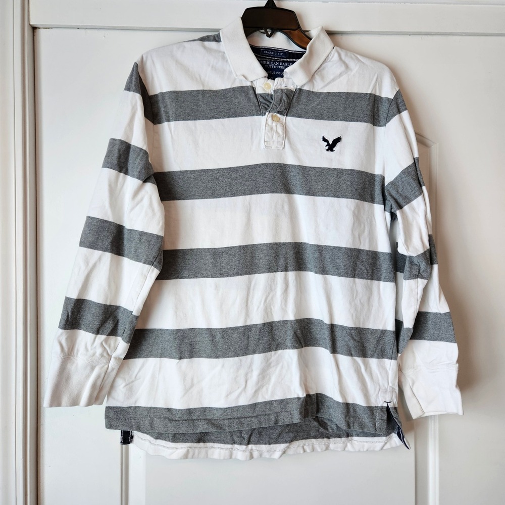 American Eagle Long Sleeve Gray White Striped Eagle Polo Mens XL Rugby Preppy - Picture 1 of 6